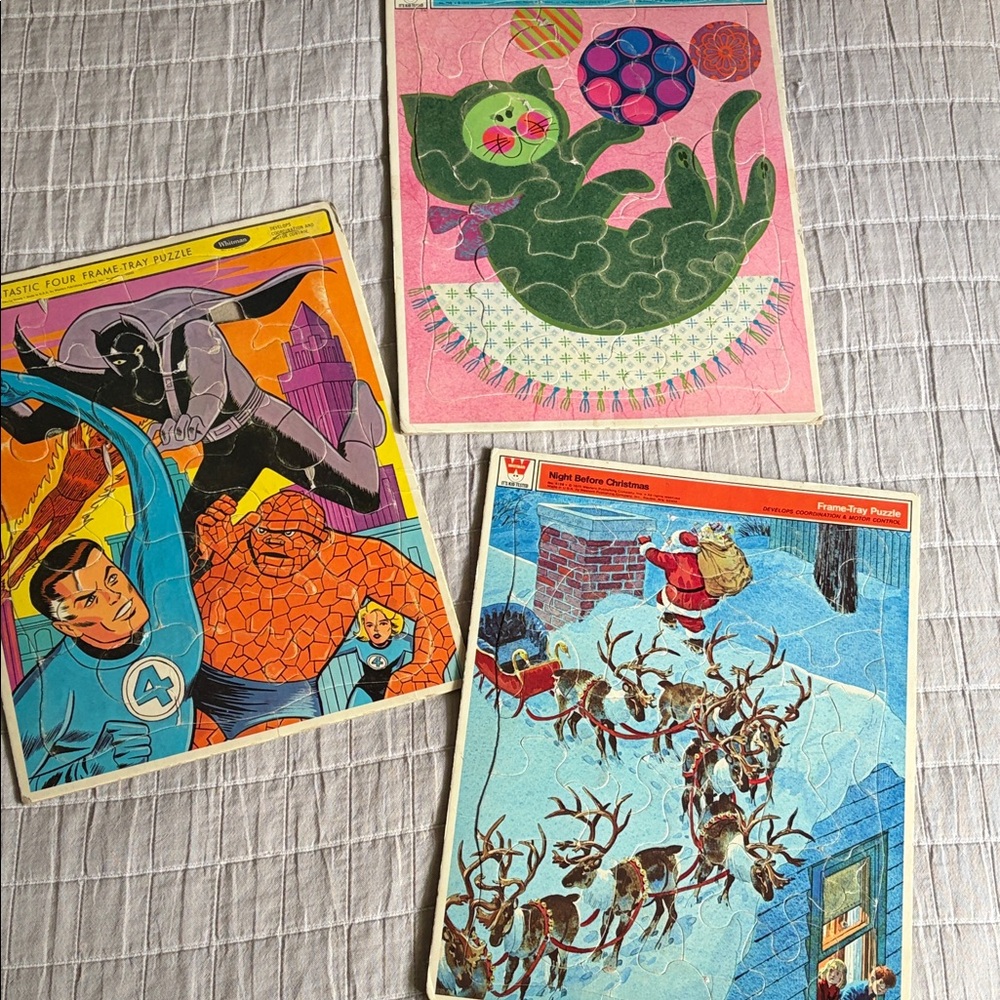 Set of 3 Vintage Illustration Puzzles by Whitman - Cat, Superhero & Santa